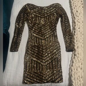 Dress the Population Black and Gold Sequin Long Sleeve Dress